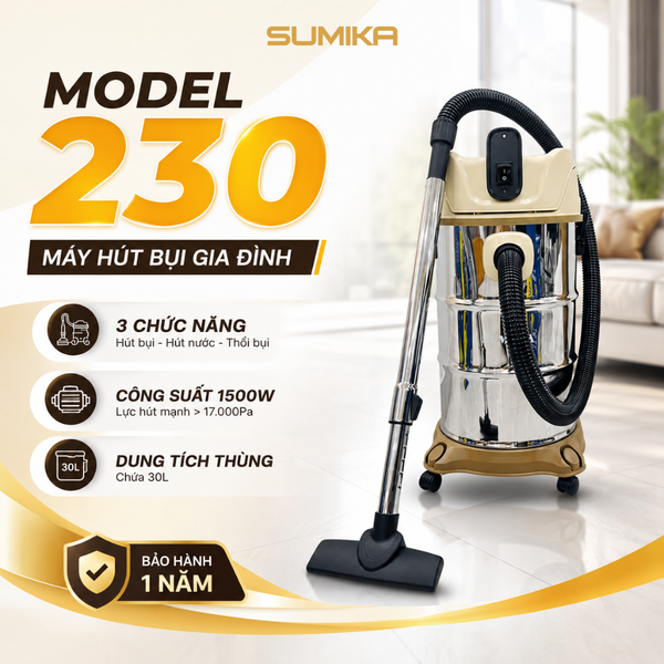  Máy hút bụi gia đình Sumika 230, 1500W, thùng chứa 30L 