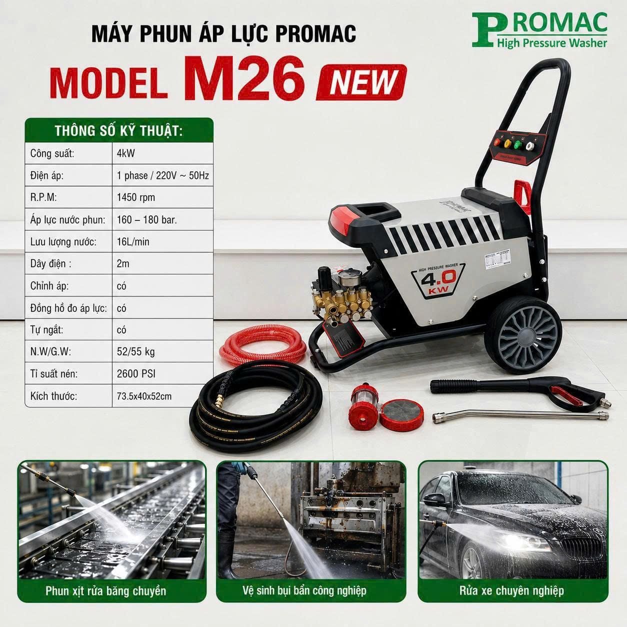  Máy phun rửa áp lực cao Promac M26 NEW, công suất 4kW 