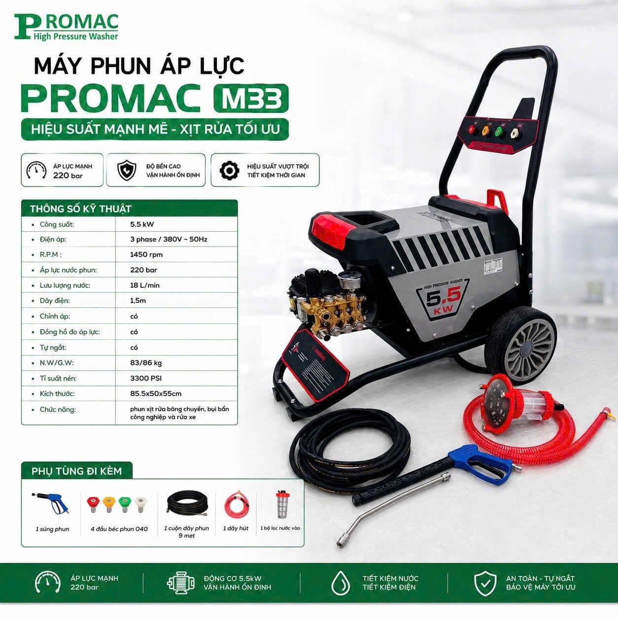 Máy phun rửa áp lực cao Promac M33, công suất 5.5kW 