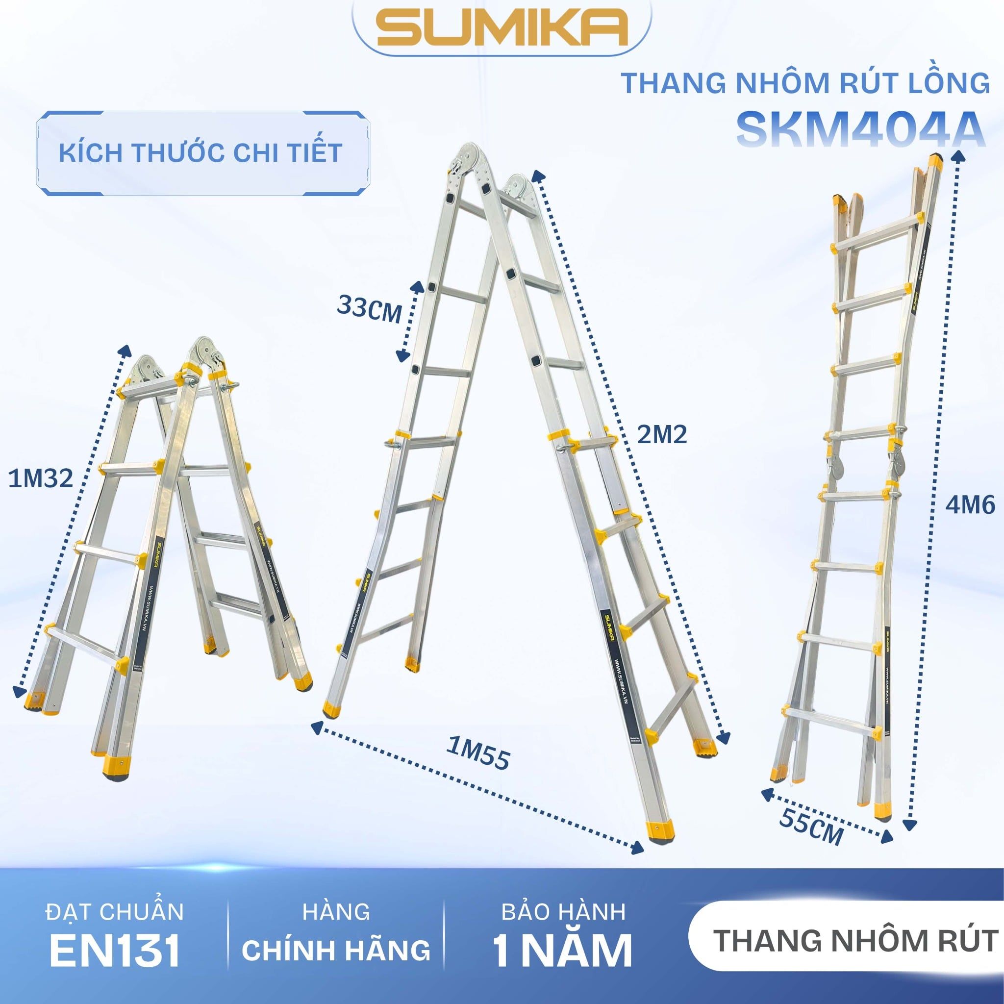  Thang nhôm chữ A rút lồng SUMIKA SKM404A, chữ A cao nhất 2.2m 