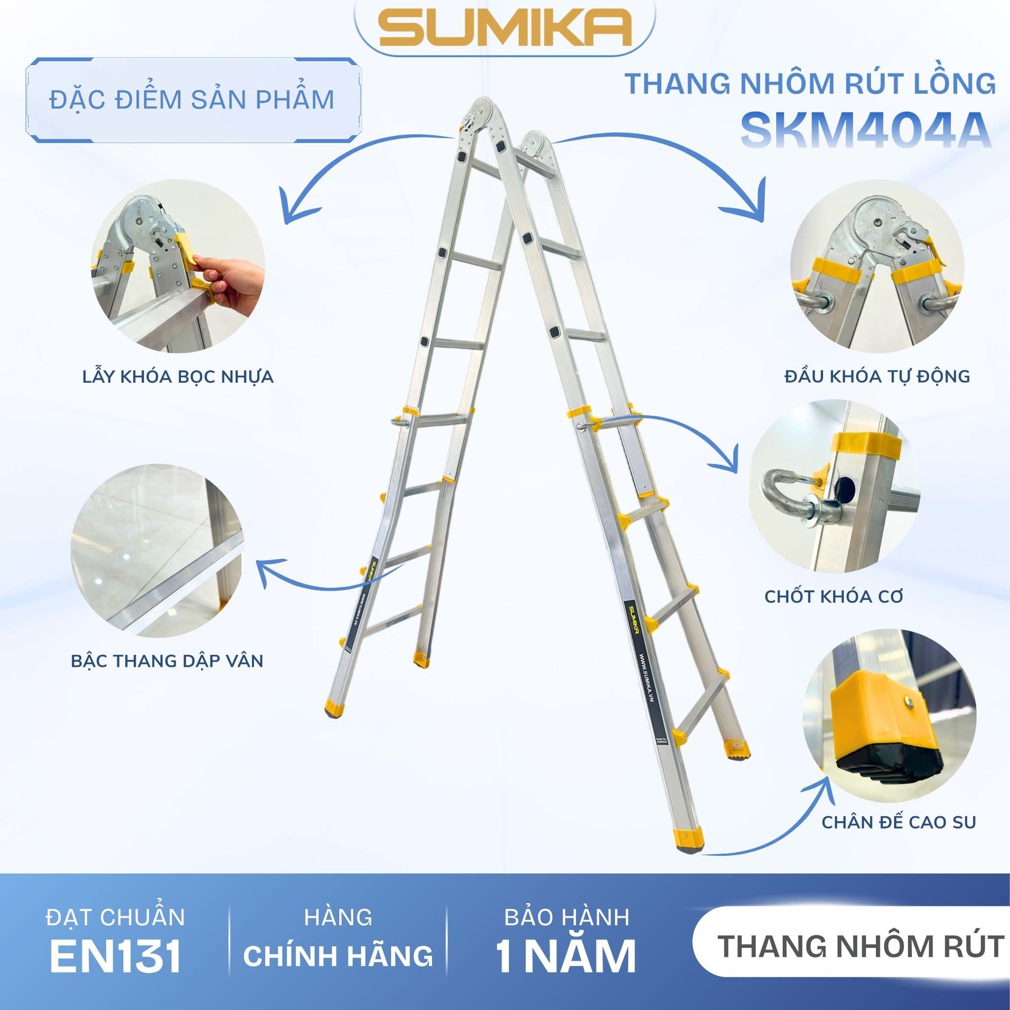  Thang nhôm chữ A rút lồng SUMIKA SKM404A, chữ A cao nhất 2.2m 