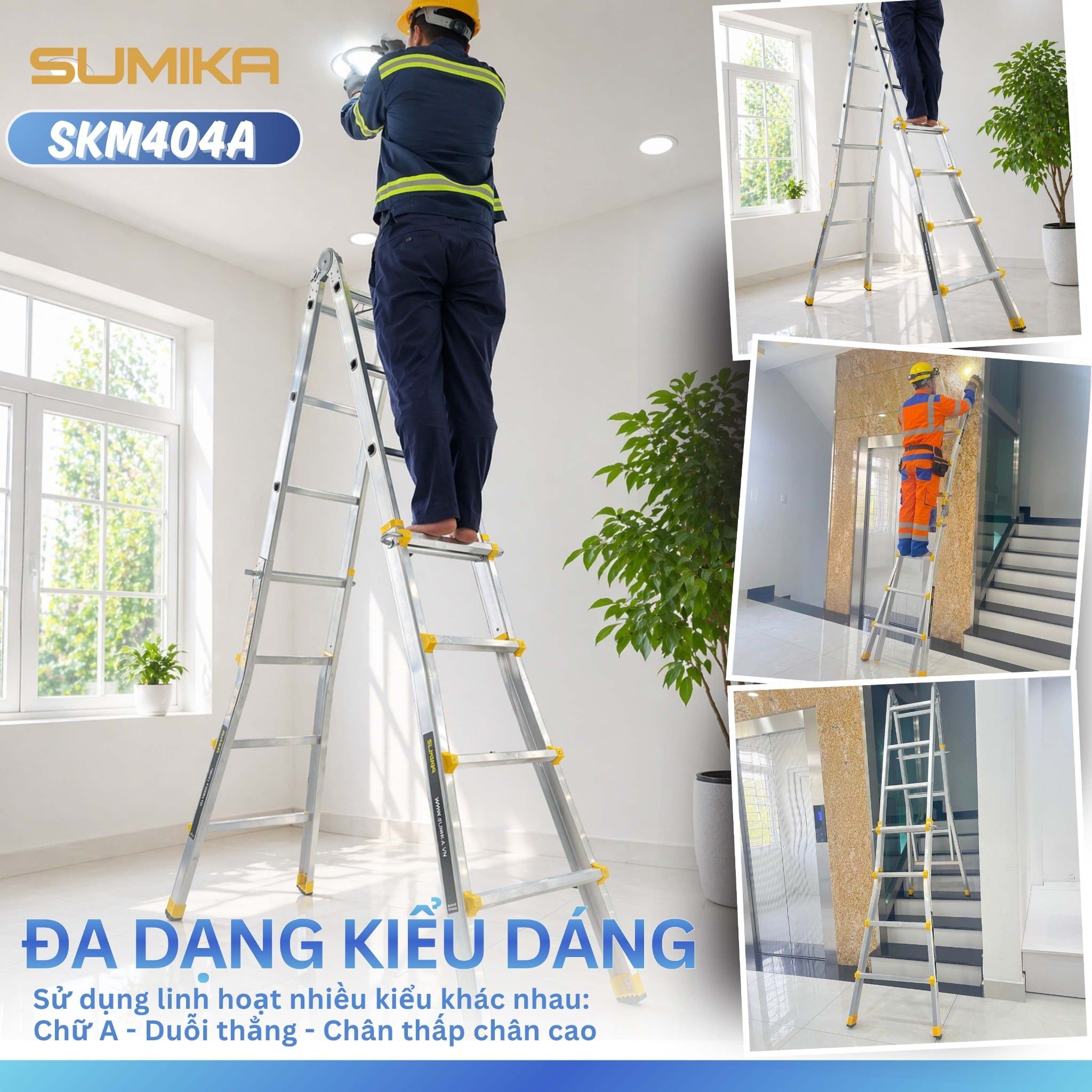  Thang nhôm chữ A rút lồng SUMIKA SKM404A, chữ A cao nhất 2.2m 
