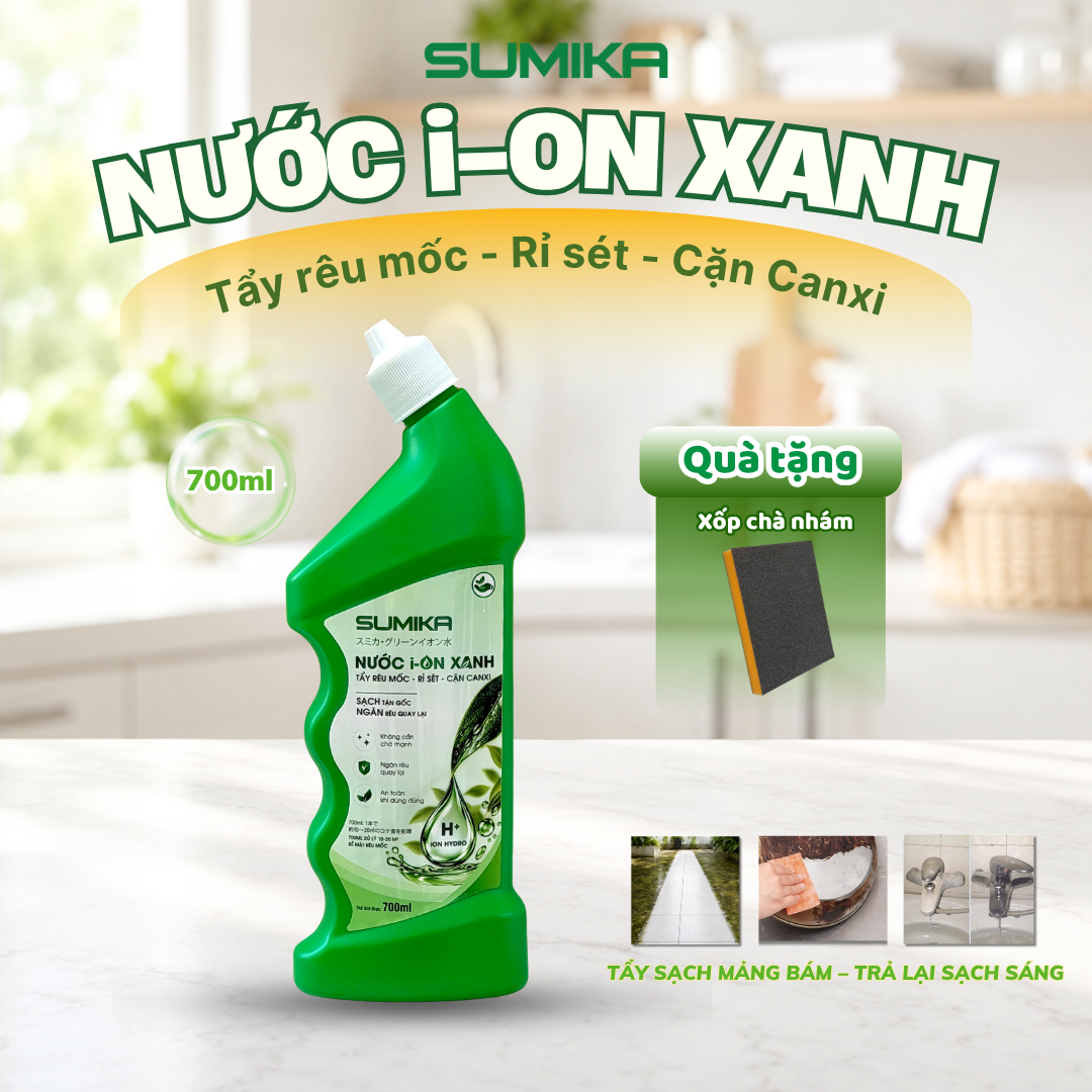  [Tặng 1 Miếng Chà Nồi] SUMIKA Nước Ion Xanh 700ml - Nước Tẩy Rêu Mốc, Rỉ Sét, Cặn Canxi Ron Gạch Sân Tường, Ngăn Rêu Tái Phát 