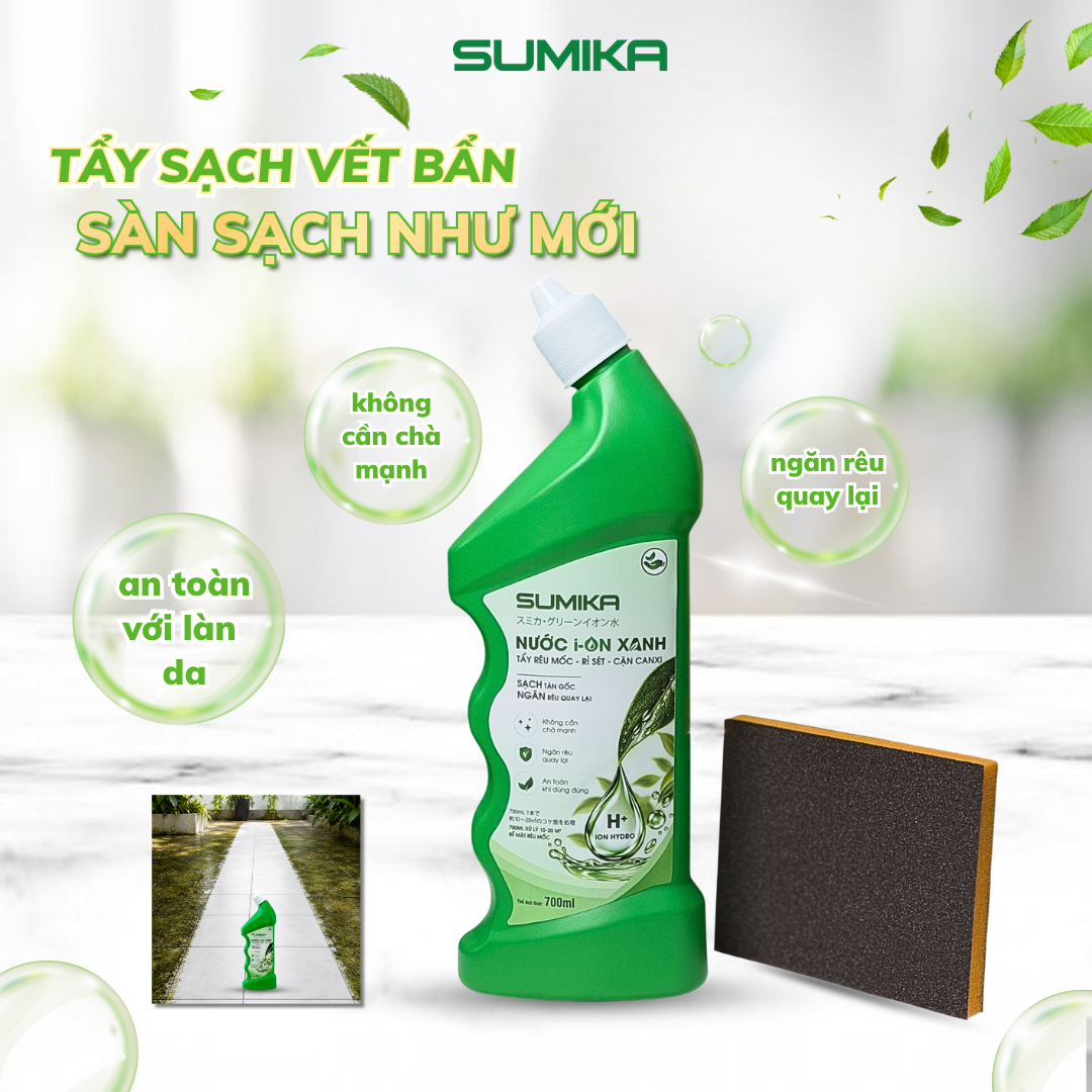  [Tặng 1 Miếng Chà Nồi] SUMIKA Nước Ion Xanh 700ml - Nước Tẩy Rêu Mốc, Rỉ Sét, Cặn Canxi Ron Gạch Sân Tường, Ngăn Rêu Tái Phát 