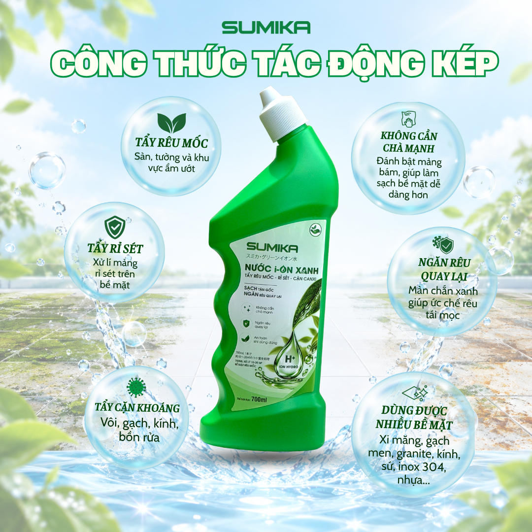  [Mua 2 Tặng 1] Nước ion Xanh Sumika 700ml, Tẩy Cặn Canxi, Tẩy Kính, Vòi Sen, Bồn Sứ, Chậu Tắm, Gạch Men, Gương Soi 
