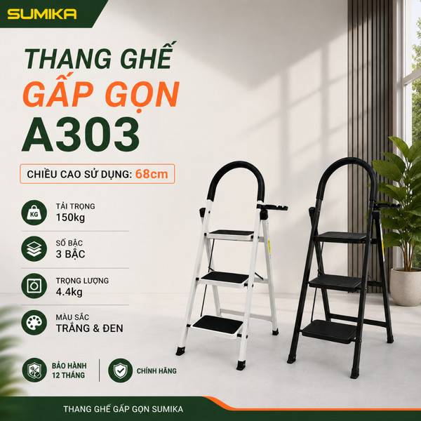  Thang ghế Thép carbon 3 bậc SUMIKA A303, chiều cao 68cm 