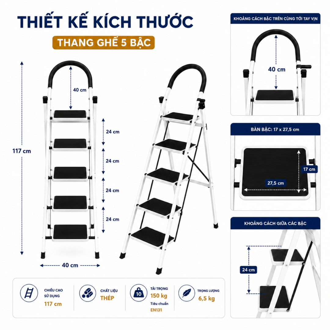  Thang ghế Thép carbon 5 bậc SUMIKA A305, chiều cao 117cm 