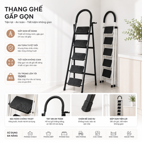  Thang ghế Thép carbon 5 bậc SUMIKA A305, chiều cao 117cm 
