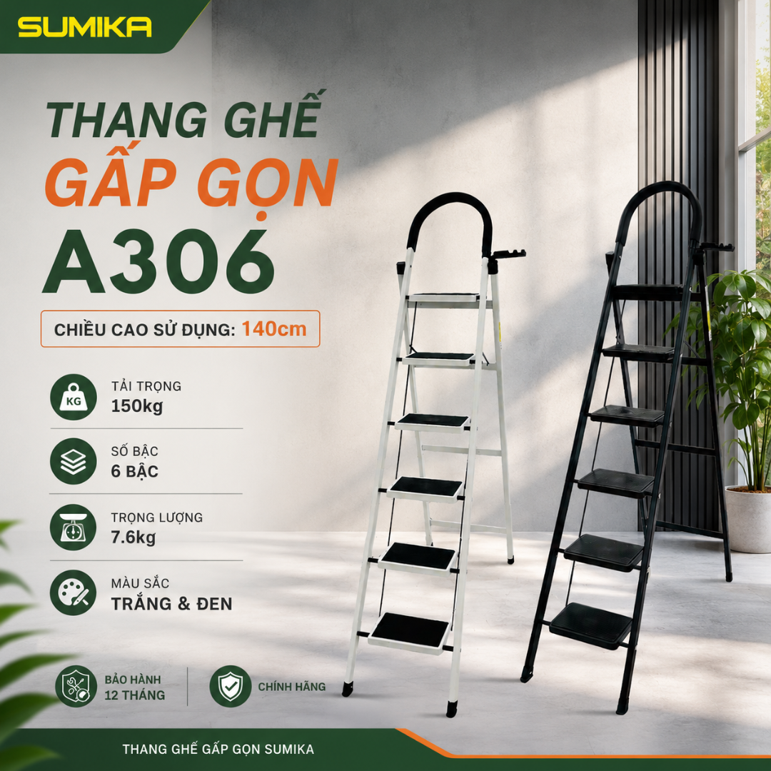  Thang ghế Thép carbon 6 bậc SUMIKA A306, chiều cao 140cm 