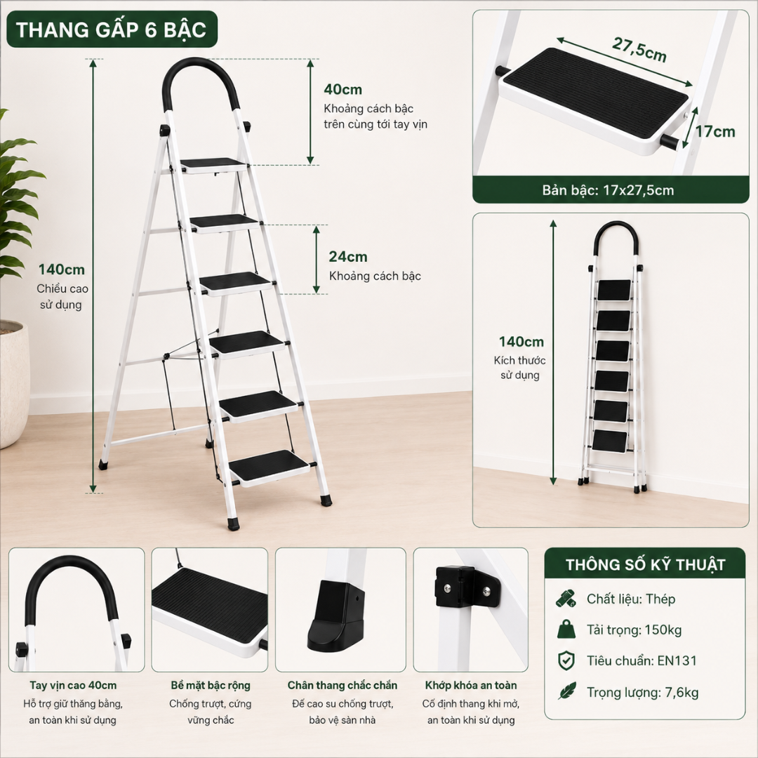  Thang ghế Thép carbon 6 bậc SUMIKA A306, chiều cao 140cm 