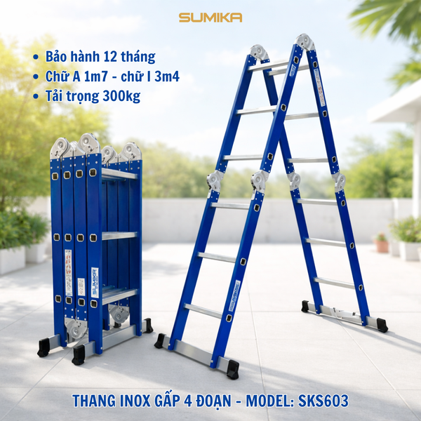  Thang inox gấp 4 đoạn Sumika SKS603, chữ A cao 1.7M 