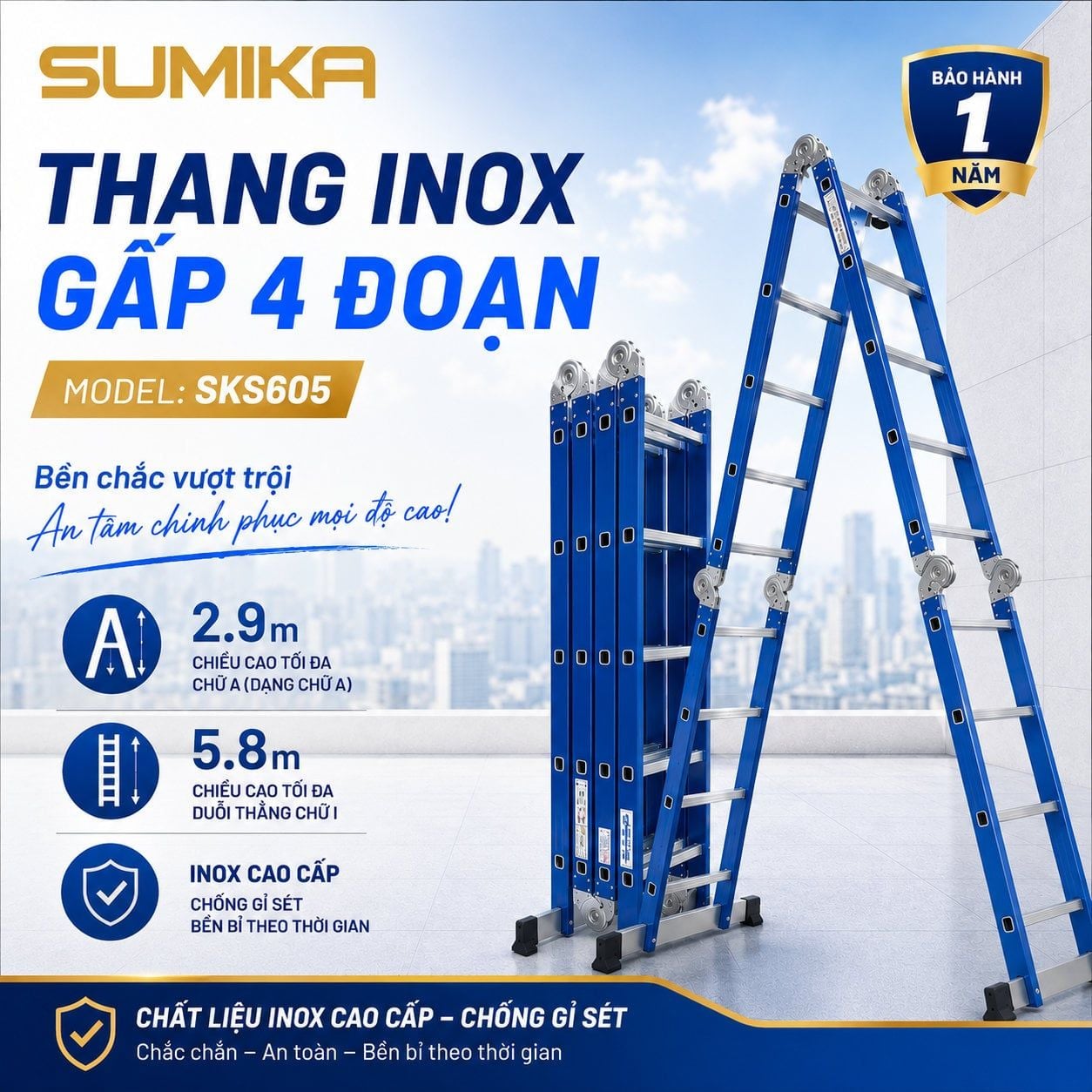  Thang inox gấp 4 đoạn SUMIKA SKS605, chữ A cao 2.9m, chữ I cao 5.8m 