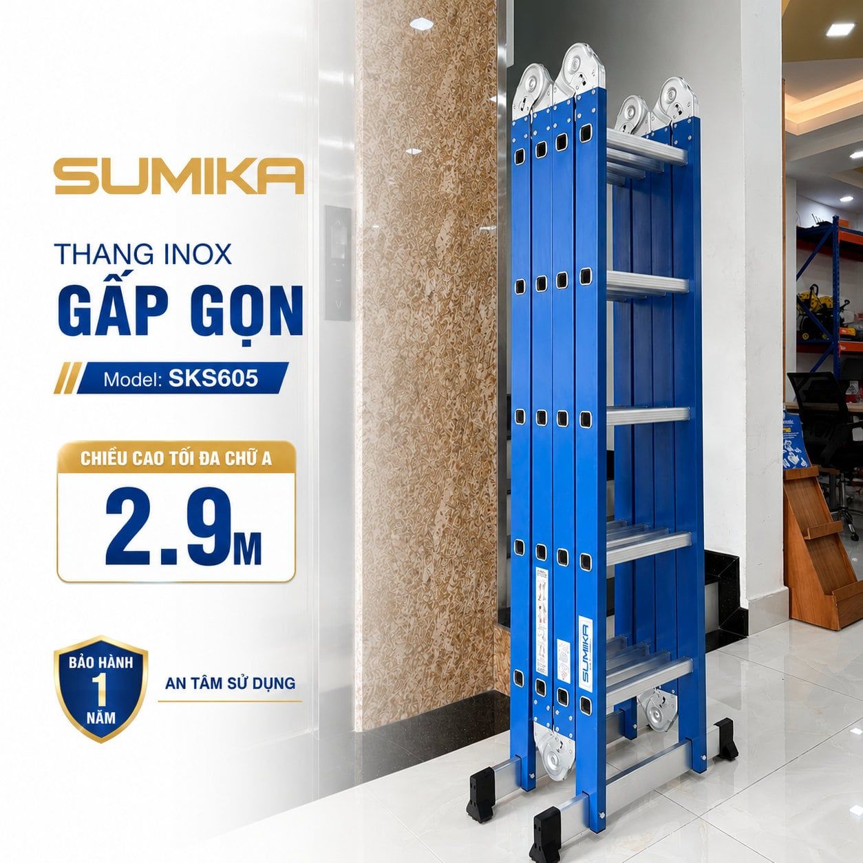  Thang inox gấp 4 đoạn SUMIKA SKS605, chữ A cao 2.9m, chữ I cao 5.8m 