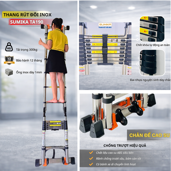  Thang Inox rút chữ A SUMIKA TA190, chiều cao 1.9M 
