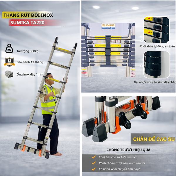  Thang Inox rút chữ A SUMIKA TA220, chiều cao 2.2M 