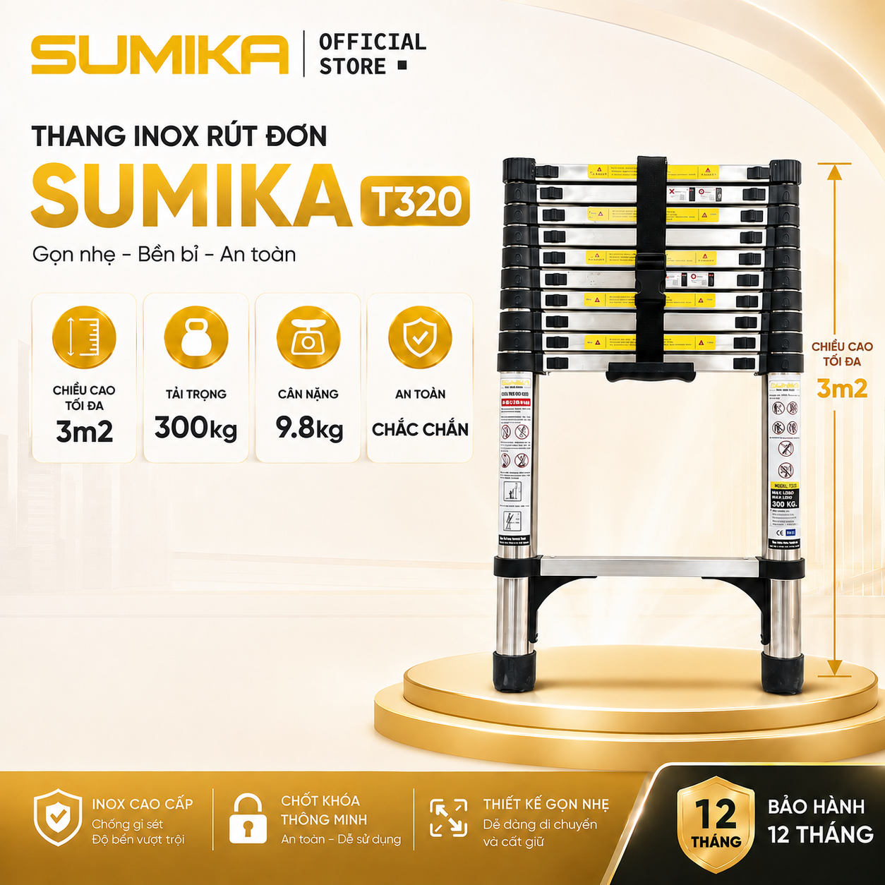  Thang rút inox SUMIKA T320, đai đen, chiều cao 3.2m 