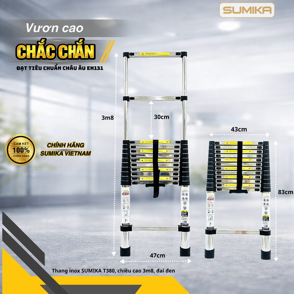  Thang rút inox SUMIKA T380, đai đen, chiều cao 3.8m 