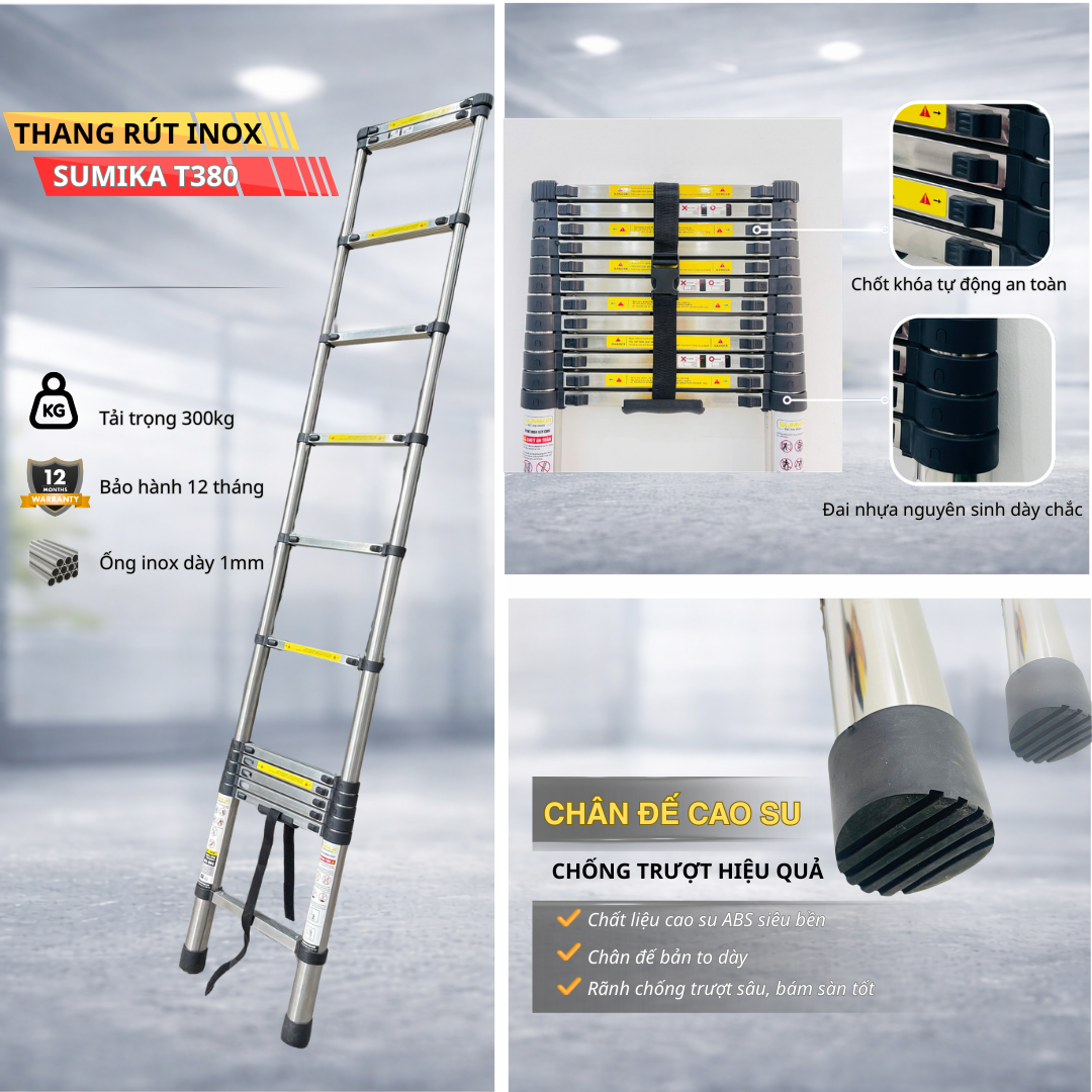  Thang rút inox SUMIKA T380, đai đen, chiều cao 3.8m 