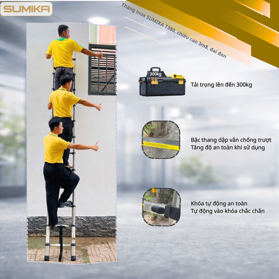  Thang rút inox SUMIKA T380, đai đen, chiều cao 3.8m 