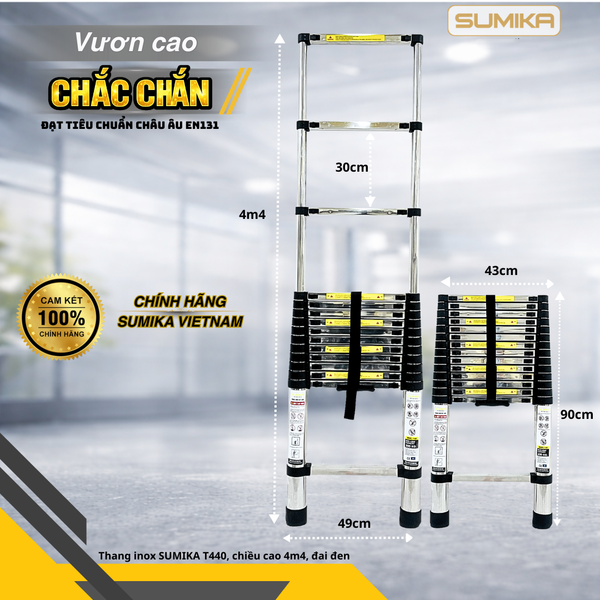  Thang rút inox SUMIKA T440, đai đen, chiều cao 4.4m 