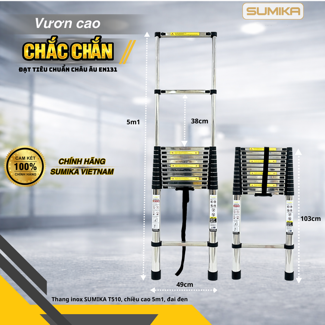  Thang rút inox SUMIKA T510, đai đen, chiều cao 5.1m 