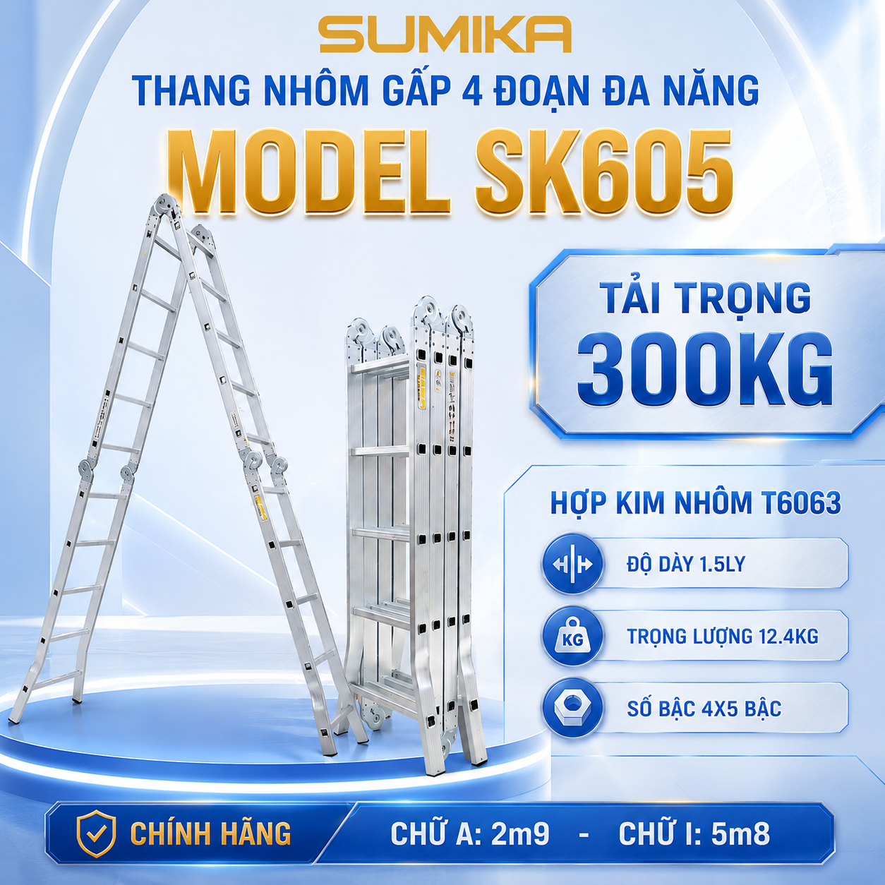  Thang nhôm gấp 4 đoạn SUMIKA SK605, chữ A cao 2.9m, chữ I cao 5.8m 