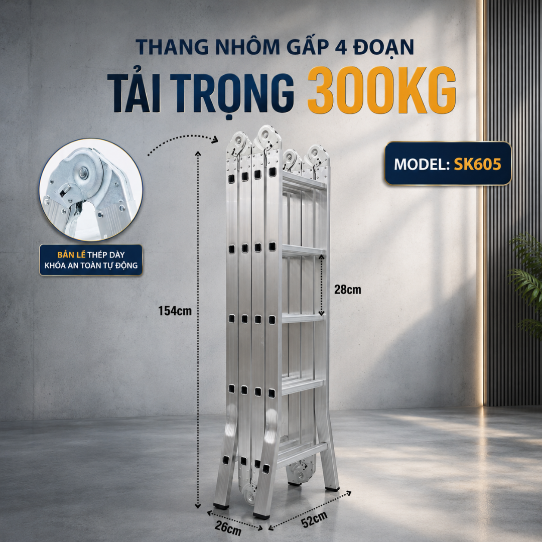  Thang nhôm gấp 4 đoạn SUMIKA SK605, chữ A cao 2.9m, chữ I cao 5.8m 