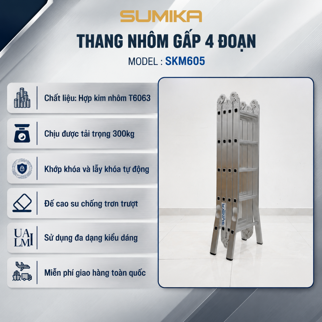  Thang nhôm gấp 4 đoạn SUMIKA SKM605, chữ A cao 2.9m, chữ I cao 5.8m 