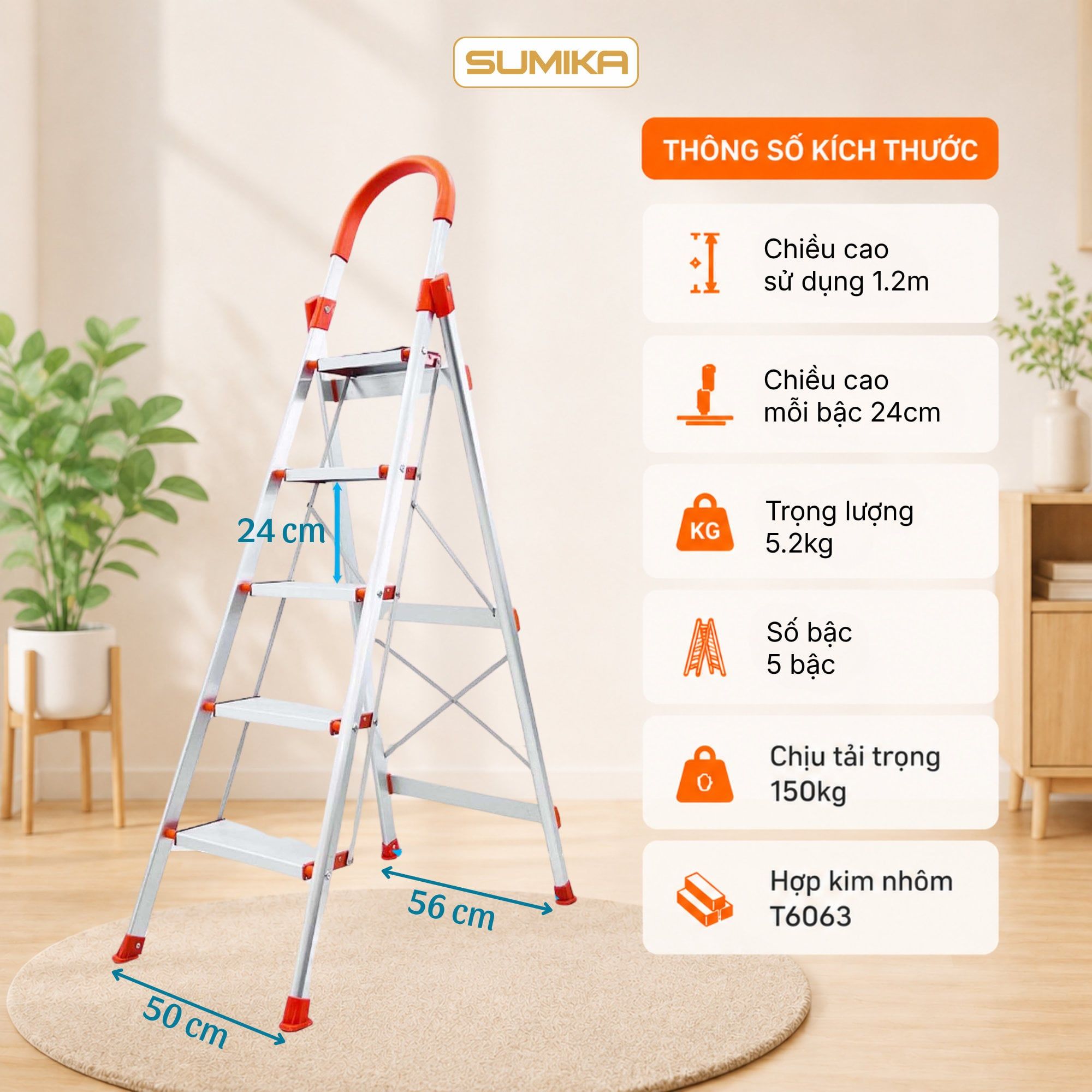  Thang nhôm ghế 5 bậc SUMIKA SK305, chiều cao 1M2, tải trọng 150kg 