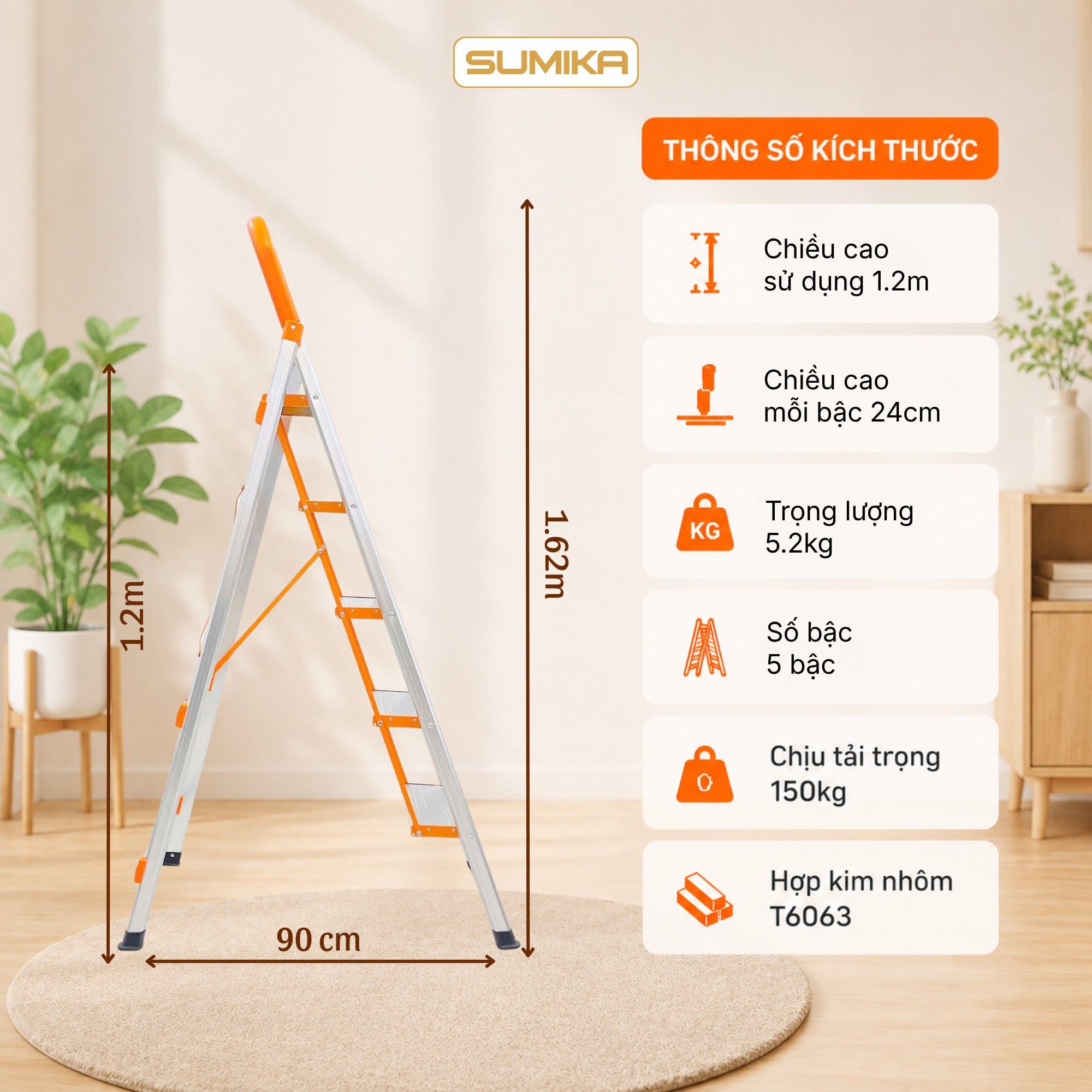  Thang nhôm ghế 5 bậc SUMIKA SK305, chiều cao 1M2, tải trọng 150kg 