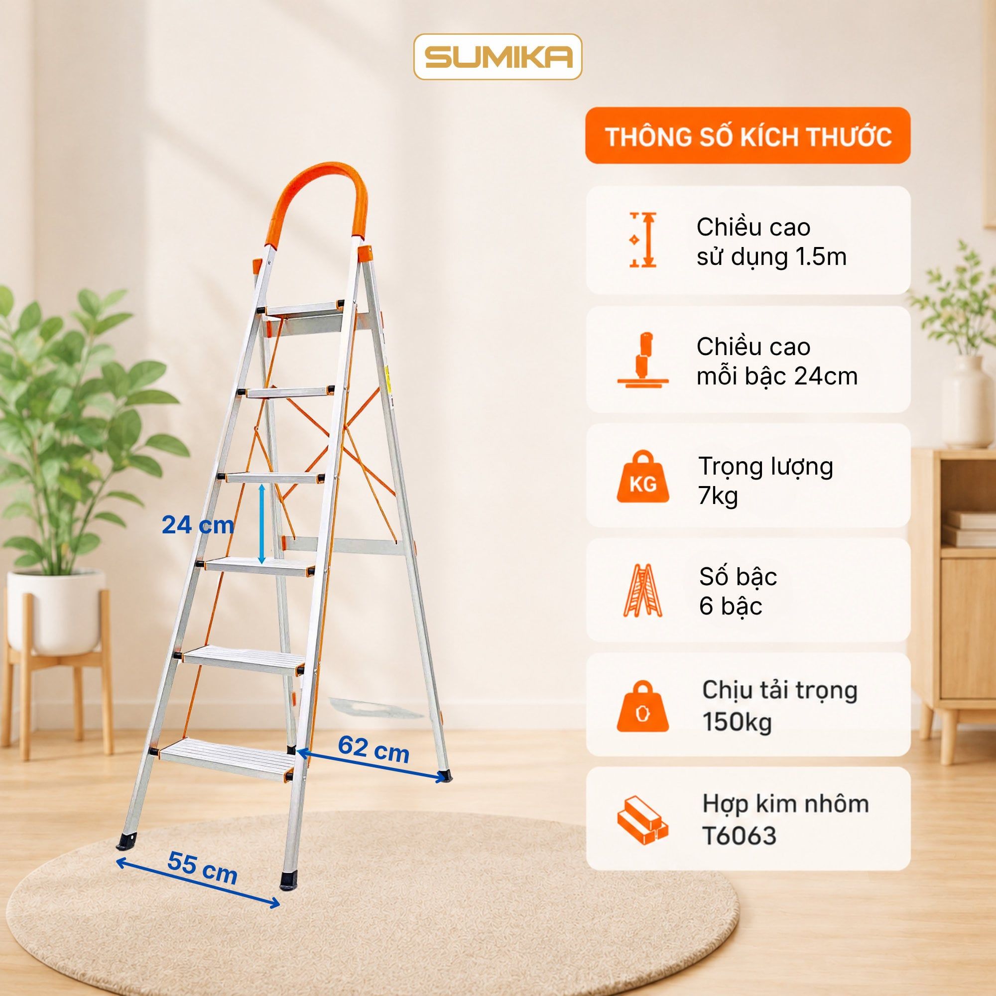  Thang nhôm ghế 6 bậc SUMIKA SK306, chiều cao 1M5, tải trọng 150kg 