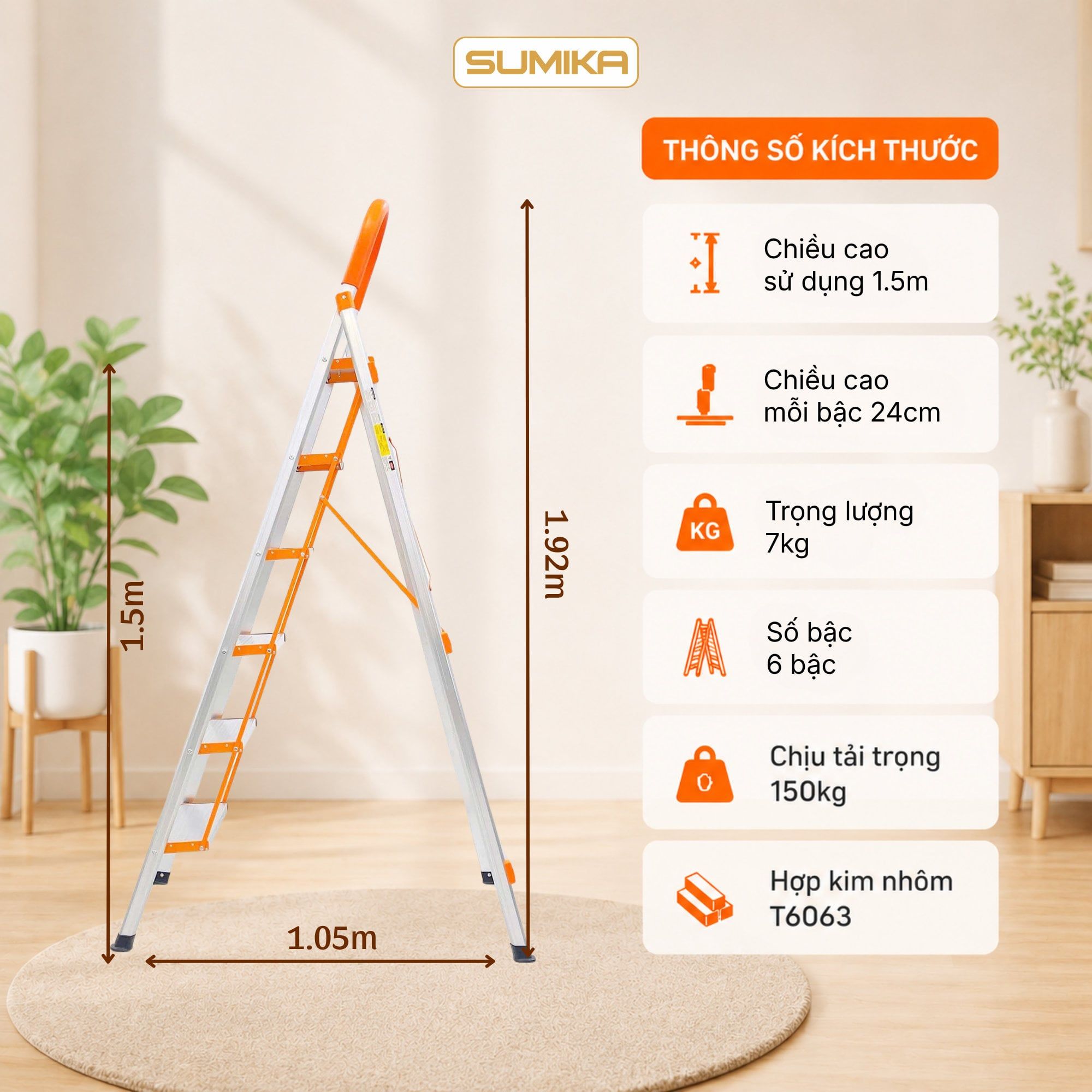  Thang nhôm ghế 6 bậc SUMIKA SK306, chiều cao 1M5, tải trọng 150kg 