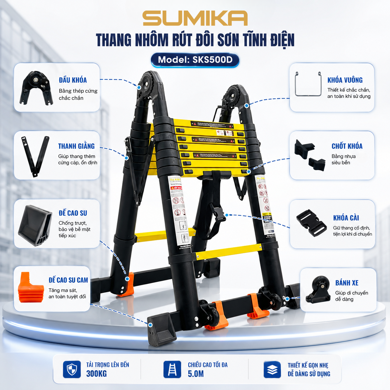  Thang Nhôm Rút Đôi SUMIKA SKS500D, Sơn Tĩnh Điện, Chữ A Cao 2.5M, Chữ I Cao 5M 