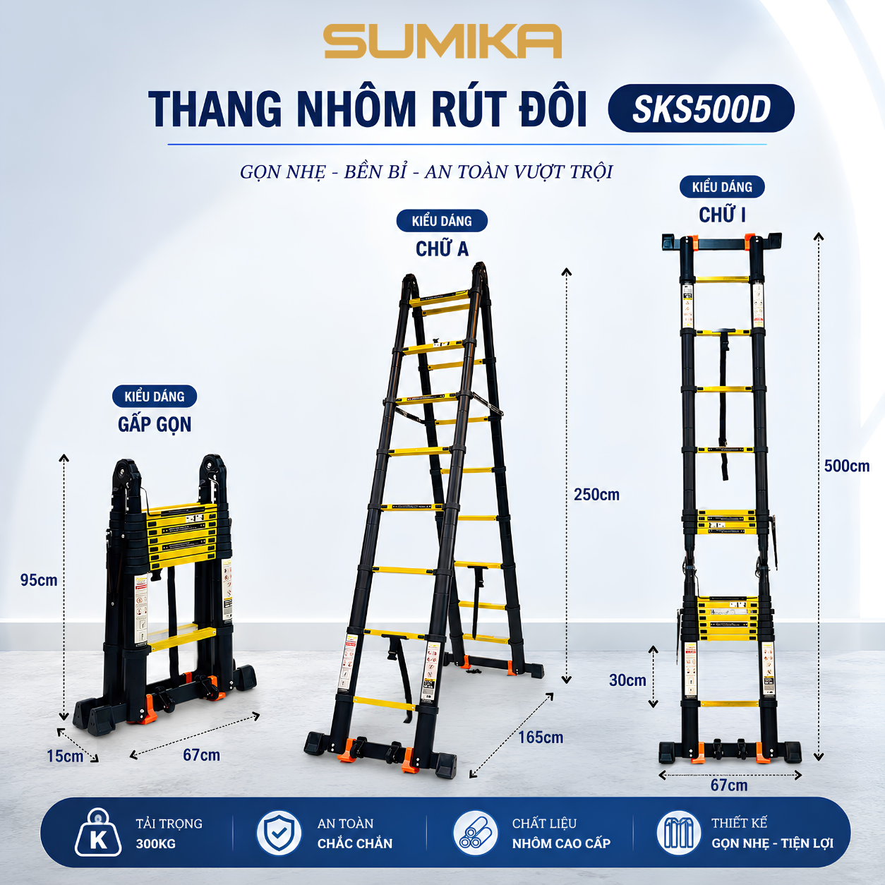  Thang Nhôm Rút Đôi SUMIKA SKS500D, Sơn Tĩnh Điện, Chữ A Cao 2.5M, Chữ I Cao 5M 