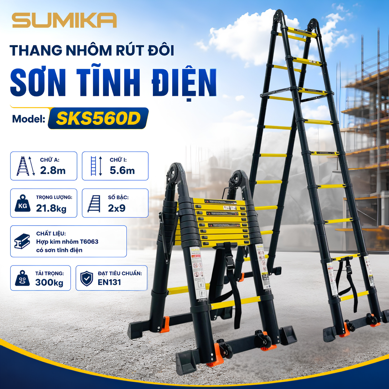  Thang Nhôm Rút Đôi SUMIKA SKS560D, Sơn Tĩnh Điện, Chữ A Cao 2.8M, Chữ I Cao 5.6M 