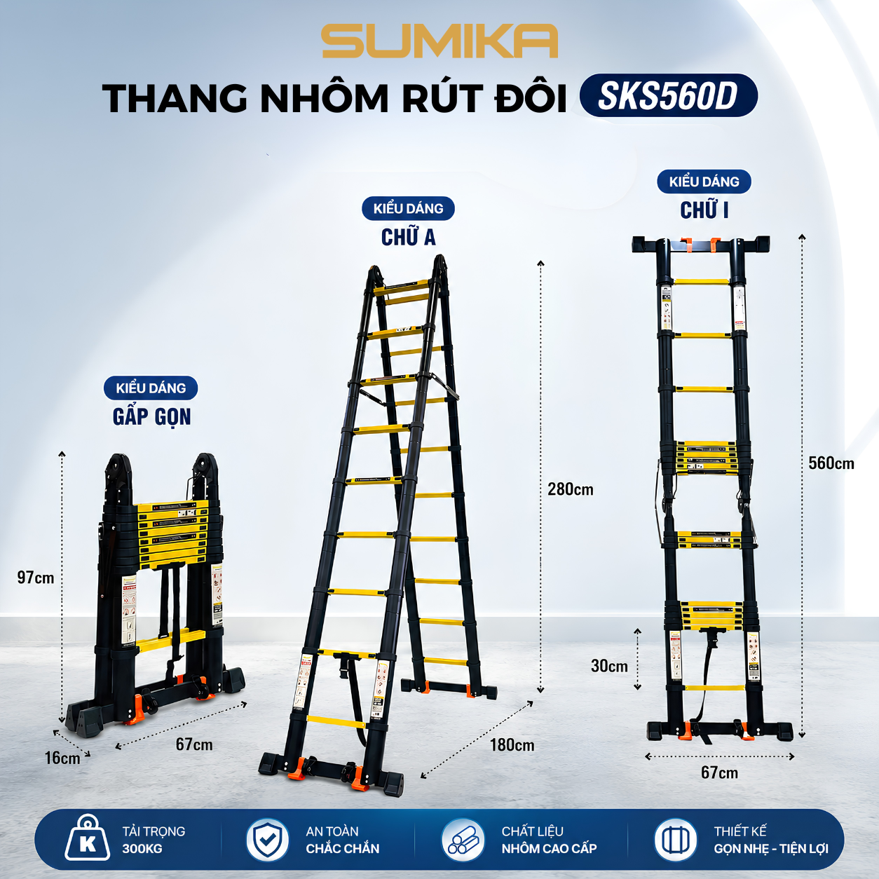  Thang Nhôm Rút Đôi SUMIKA SKS560D, Sơn Tĩnh Điện, Chữ A Cao 2.8M, Chữ I Cao 5.6M 