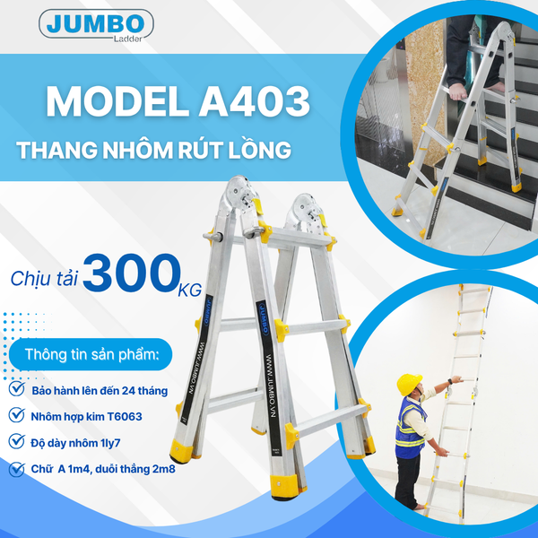  Thang nhôm rút lồng JUMBO A403, chữ A cao nhất 1.4m 