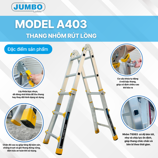  Thang nhôm rút lồng JUMBO A403, chữ A cao nhất 1.4m 