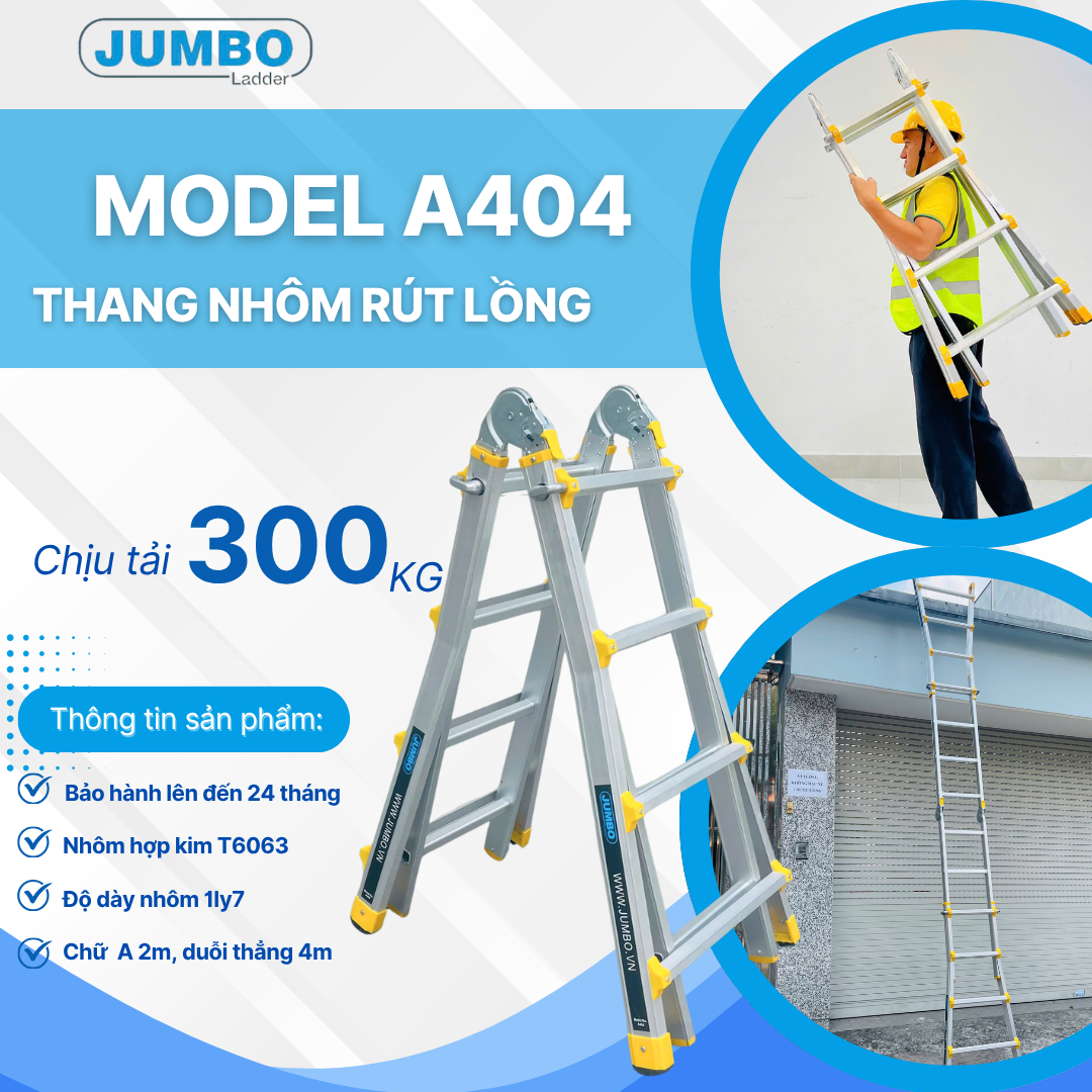  Thang nhôm rút lồng JUMBO A404, chữ A cao nhất 2M 