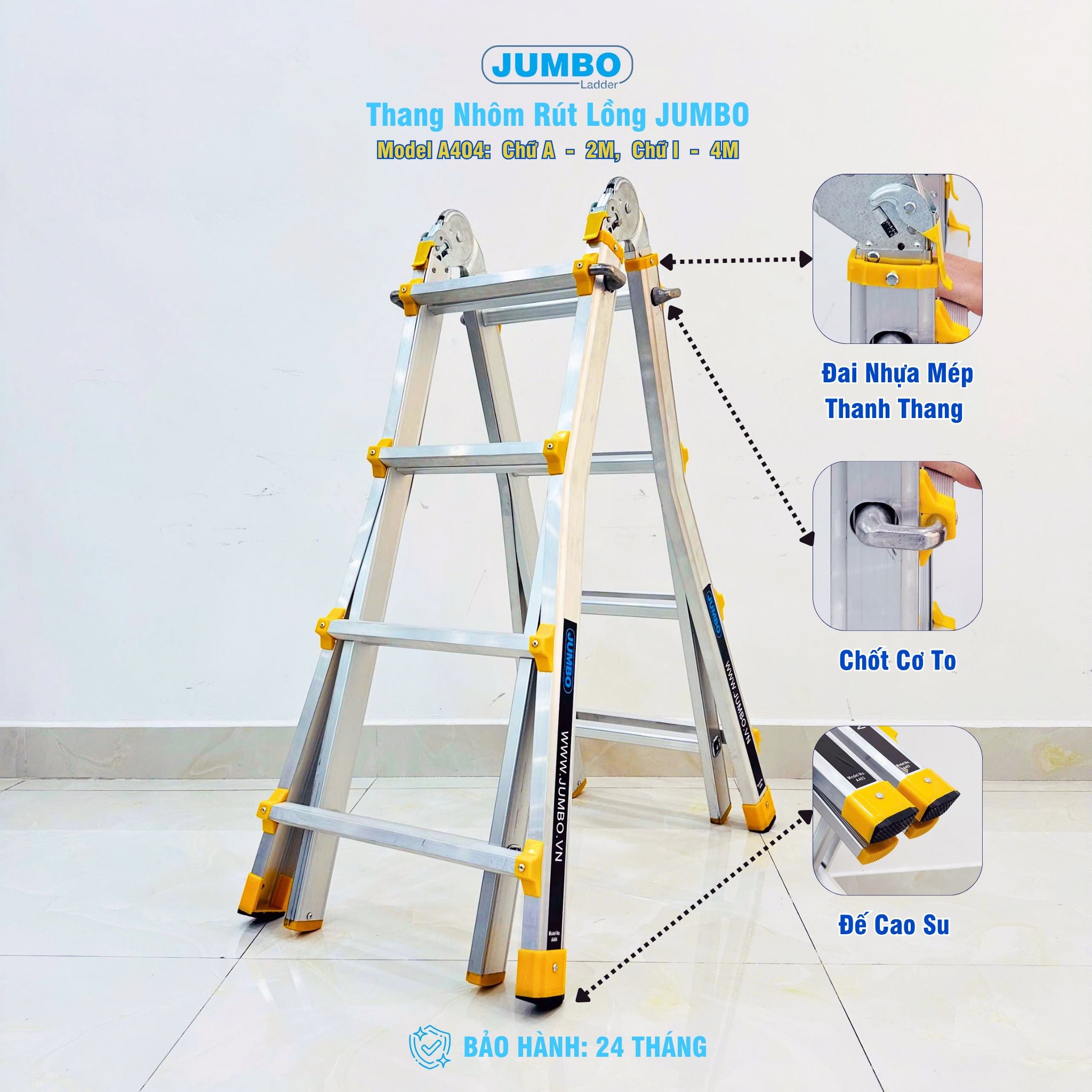  Thang nhôm rút lồng JUMBO A404, chữ A cao nhất 2M 