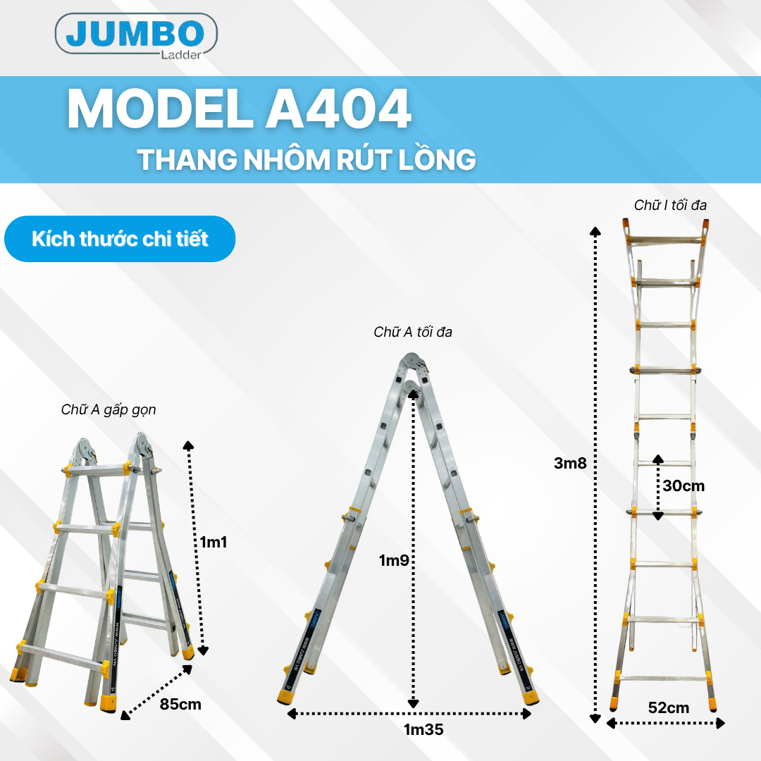  Thang nhôm rút lồng JUMBO A404, chữ A cao nhất 2M 