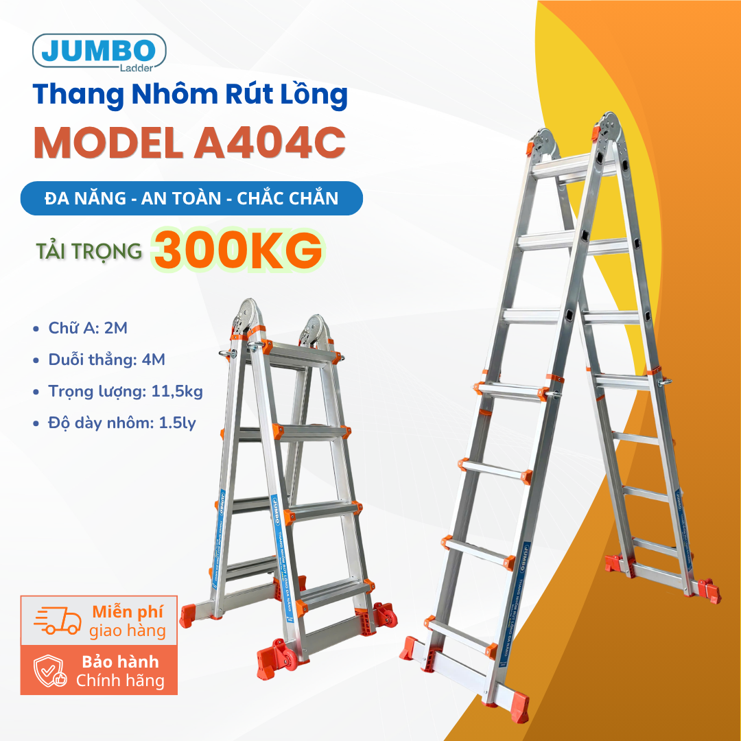  Thang nhôm rút lồng JUMBO A404C, chữ A cao nhất 2M 