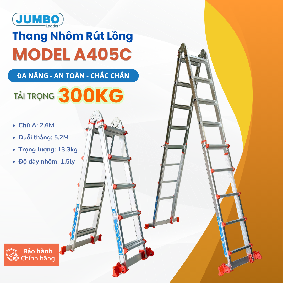 Thang nhôm rút lồng JUMBO A405C, chữ A cao nhất 2.6M 