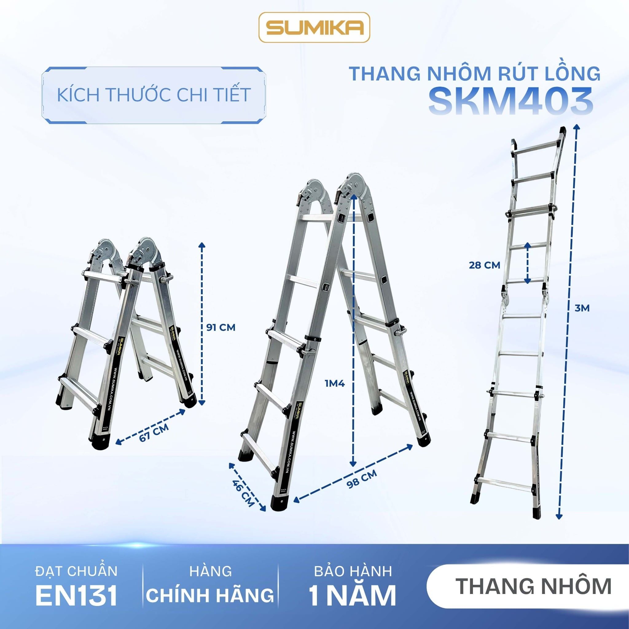  Thang nhôm chữ A rút lồng SUMIKA SKM403, chữ A cao nhất 1.4m 