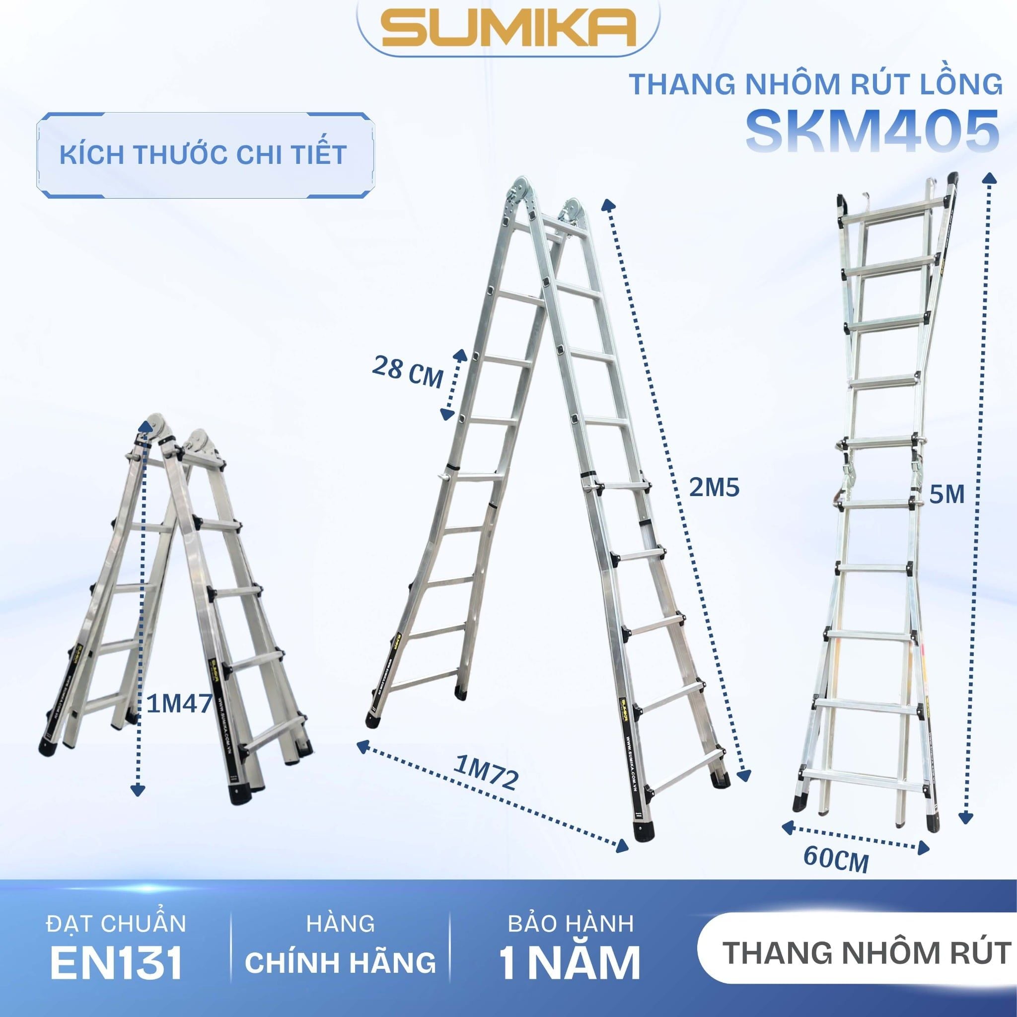  Thang nhôm chữ A rút lồng SUMIKA SKM405, chữ A cao nhất 2.5m 