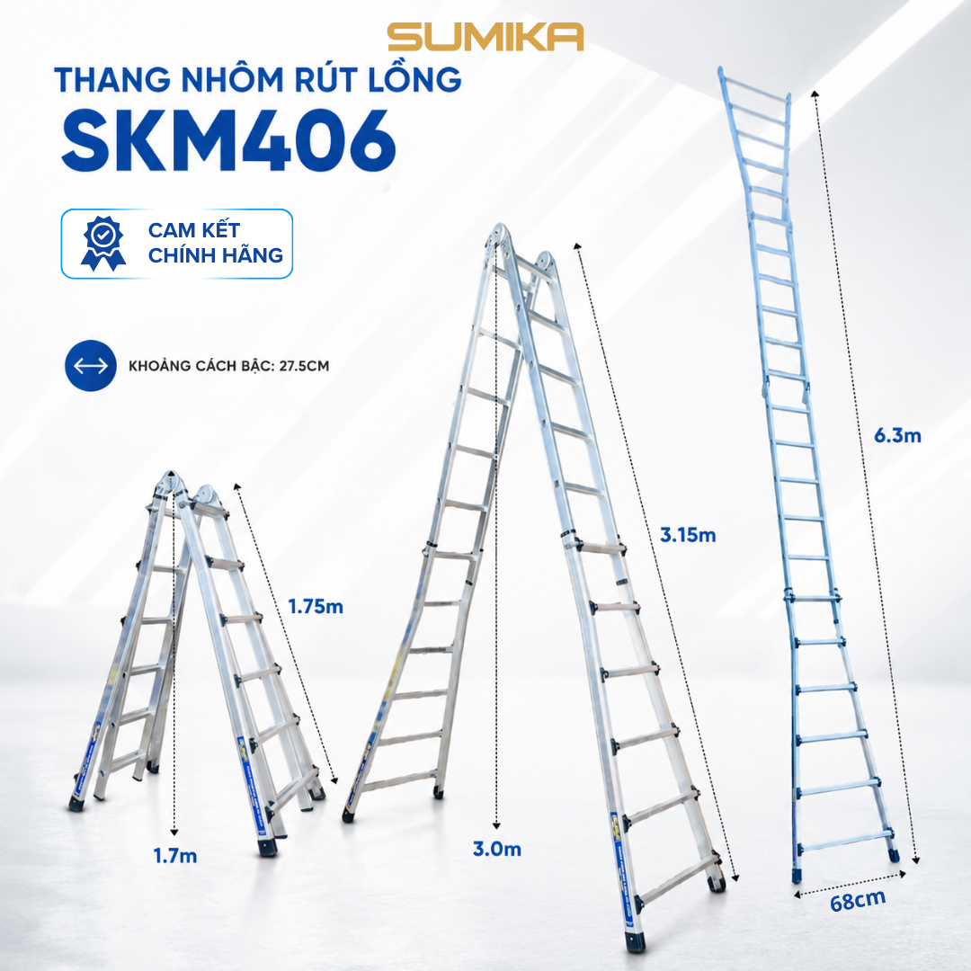  Thang Nhôm Rút Lồng SUMIKA SKM406, Chữ A Cao 3.15M, Chữ I Cao 6.3M 