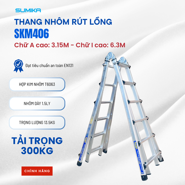  Thang nhôm rút lồng SUMIKA SKM406, chữ A cao nhất 3.15m 