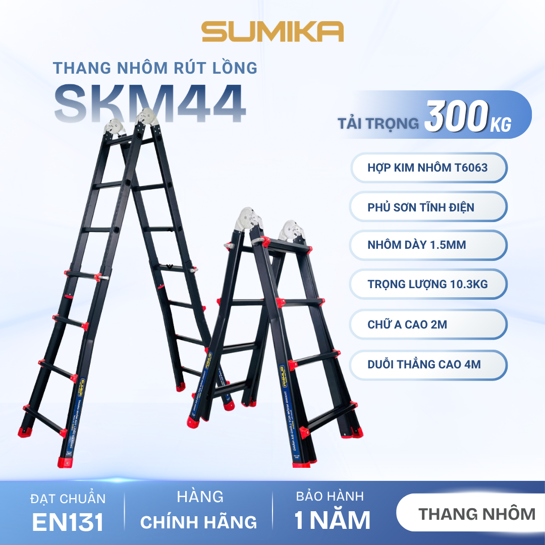  Thang Nhôm Chữ A Rút Lồng SUMIKA SKM44, Chiều Cao 2M, Tải Trọng 300kg 