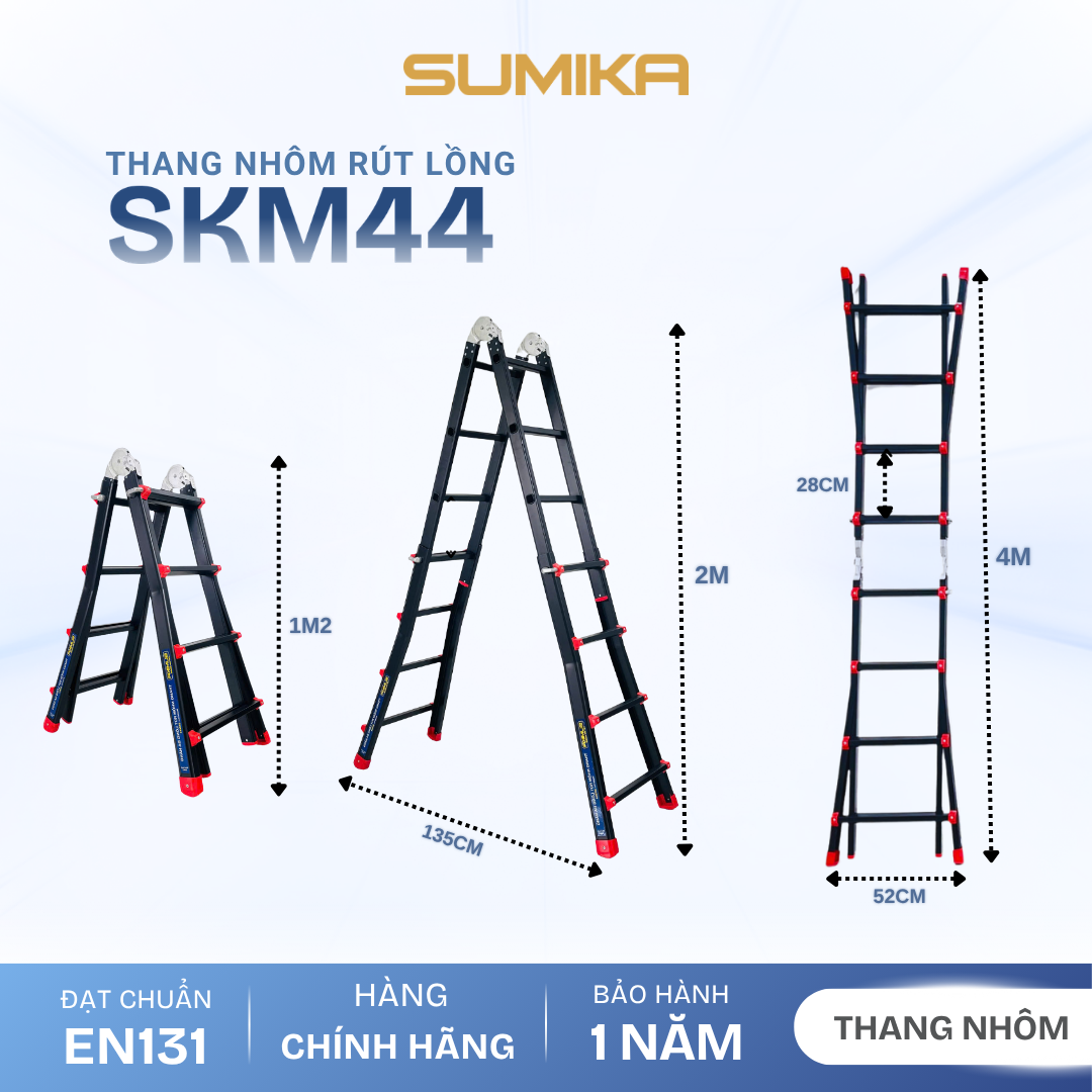  Thang Nhôm Chữ A Rút Lồng SUMIKA SKM44, Chiều Cao 2M, Tải Trọng 300kg 