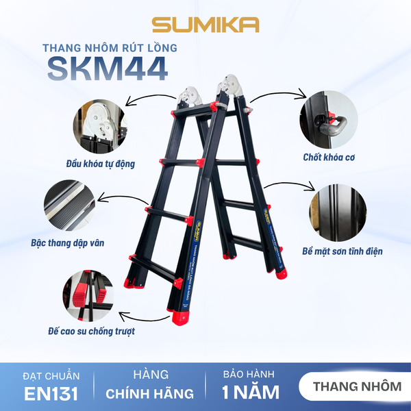  Thang Nhôm Chữ A Rút Lồng SUMIKA SKM44, Chiều Cao 2M, Tải Trọng 300kg 